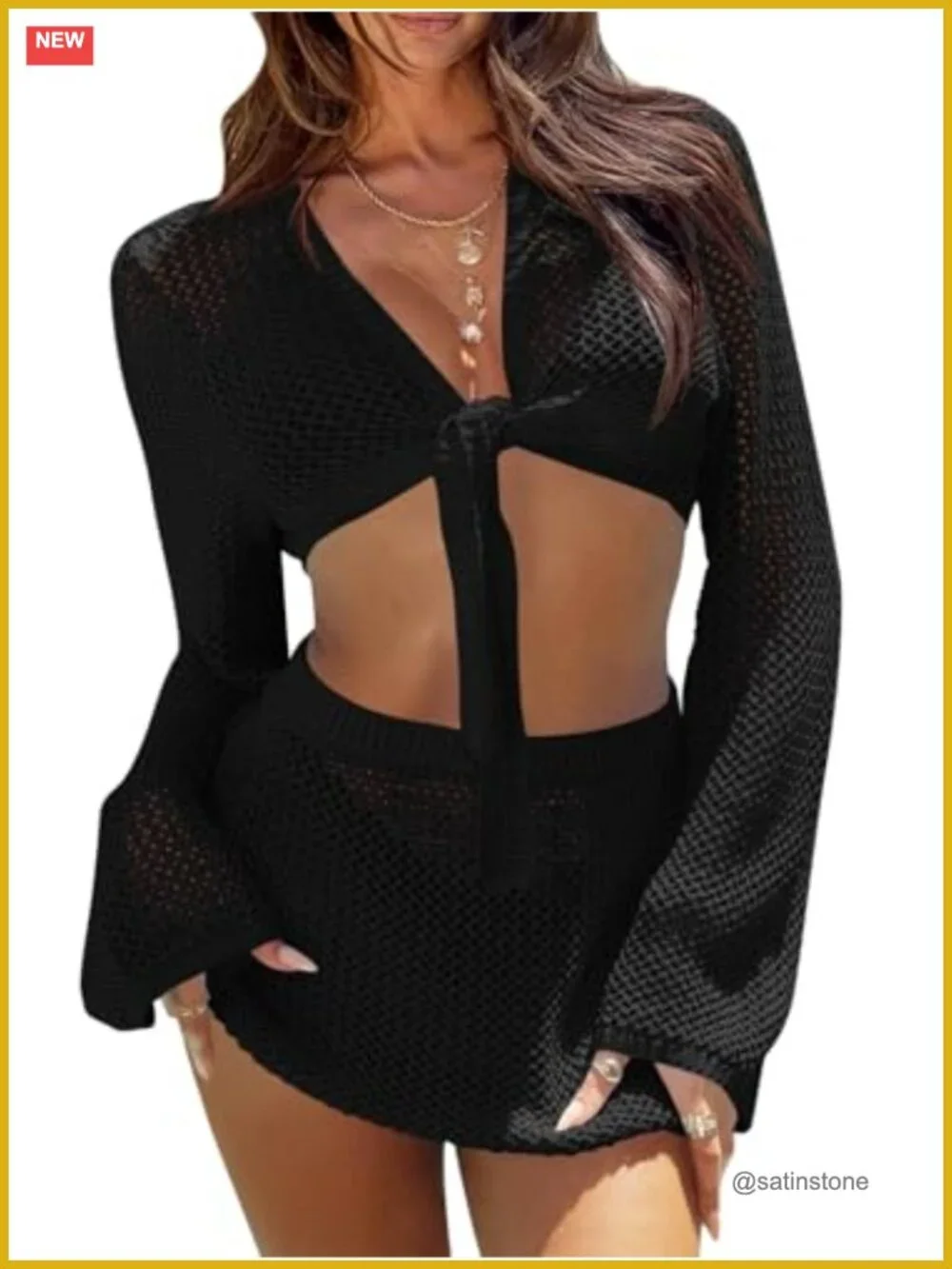 Crochet Swimsuit Coverup 2 Piece Crop Top Mini Skirt Set